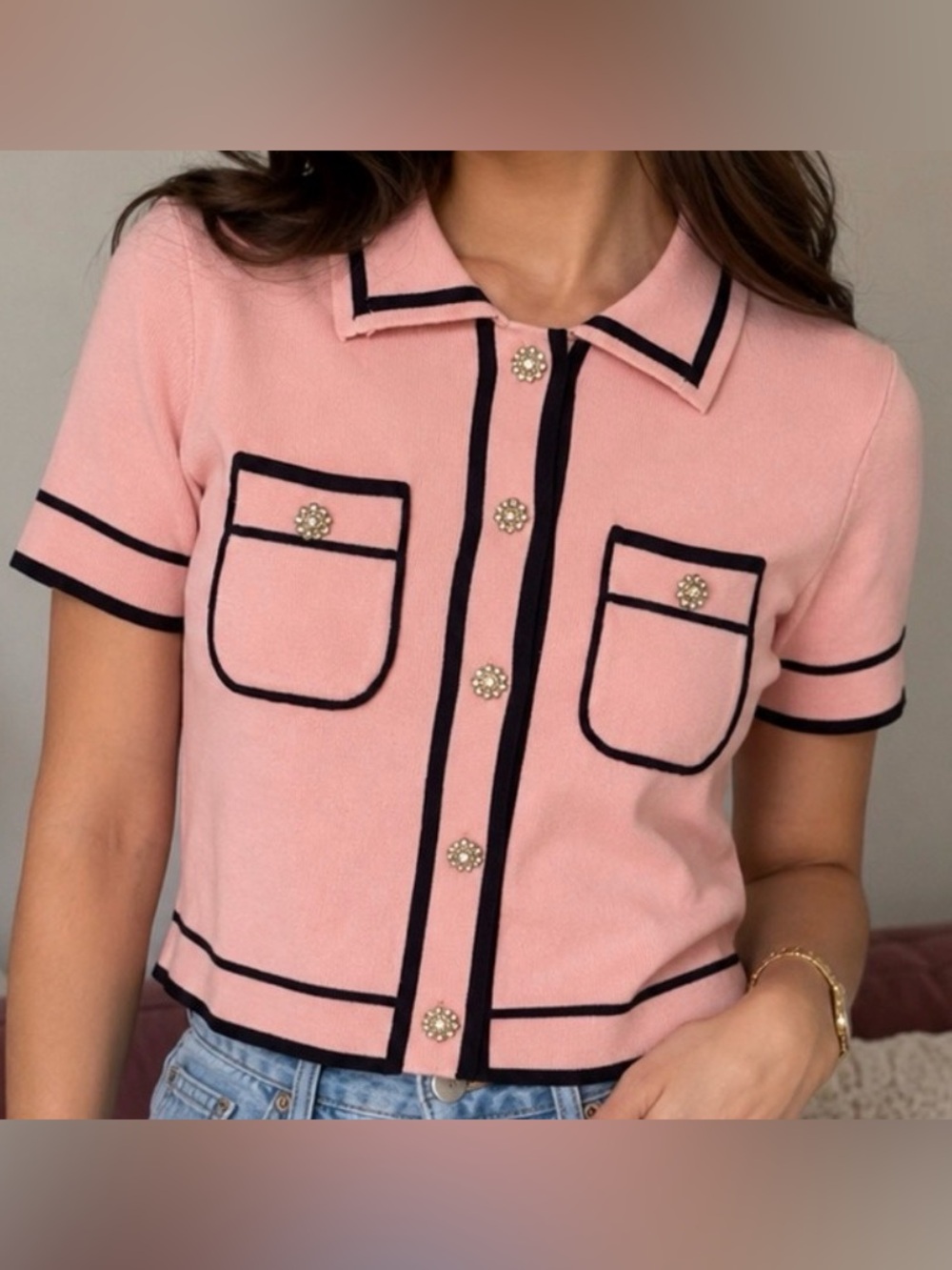 On 12th Pink Short-Sleeve Button-Front Top with Black Trim